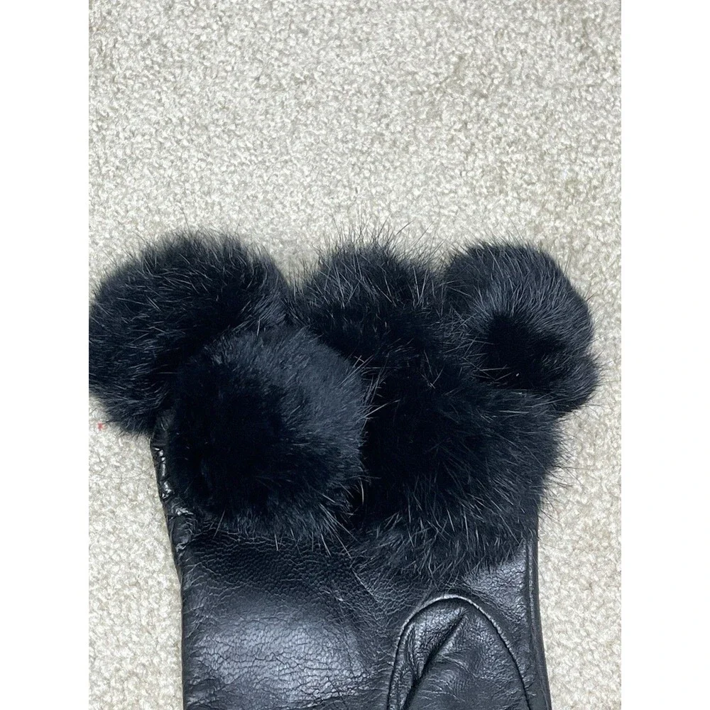 VTG Fownes Sz 8 Black Leather Gloves Unique 5 Fur Pom Cuffs WPL 9522 Luxury